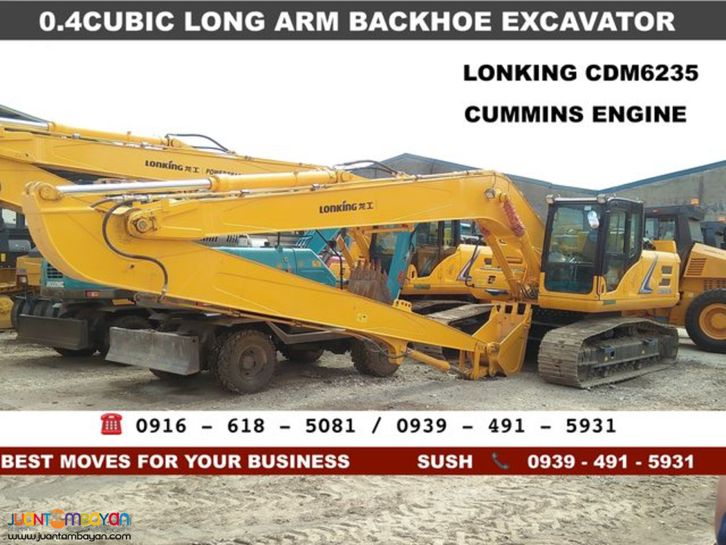 0.4 cubic long arm backhoe excavator lonking cdm6235, cummins engine
