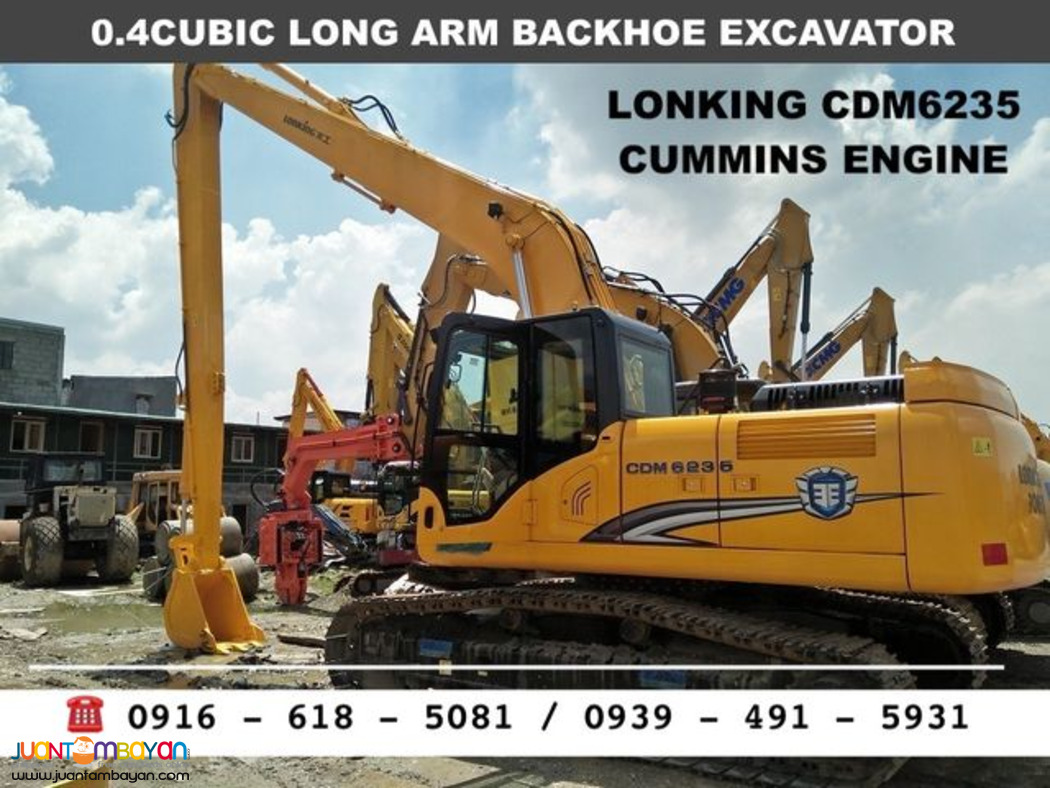 0.4 cubic long arm backhoe excavator lonking cdm6235, cummins engine