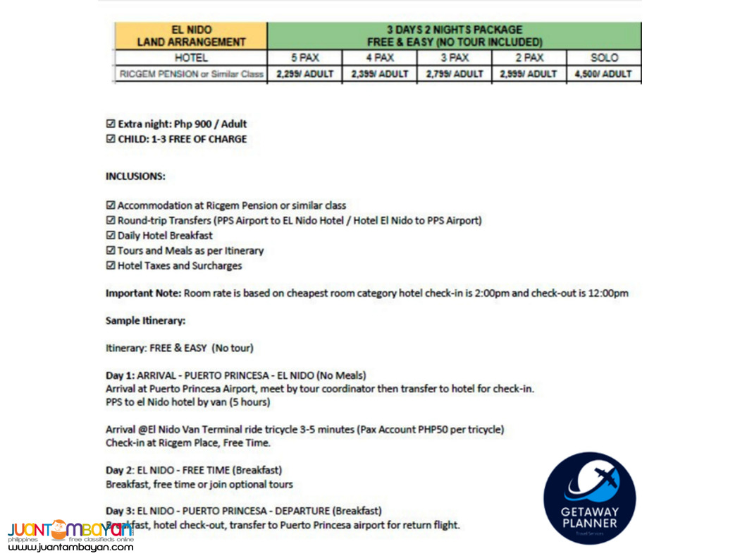 EL NIDO LAND ARRANGEMENT PACKAGE