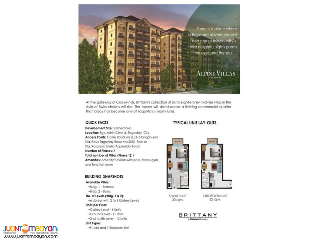 Studio Condo for sale at Alpine Villas Crosswinds Tagaytay