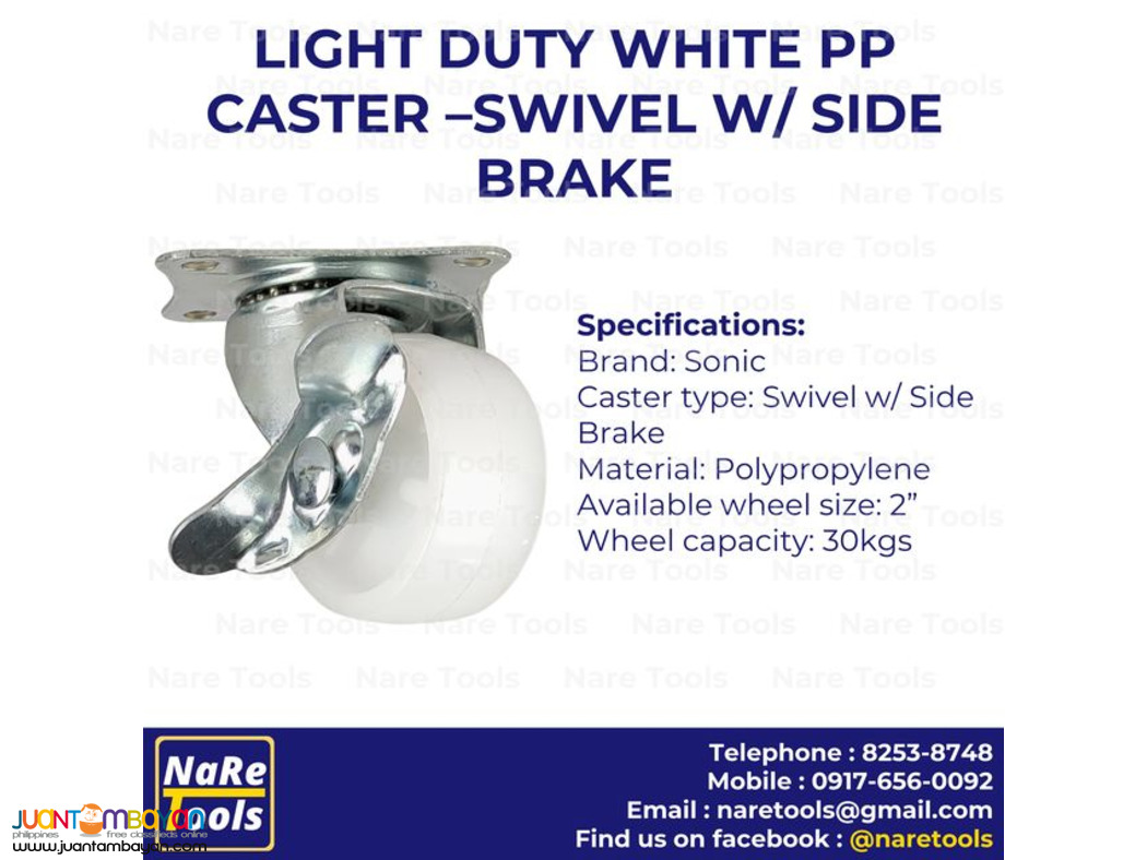 Light Duty White PP Caster - Swivel w/ Side Brake (WPPB)