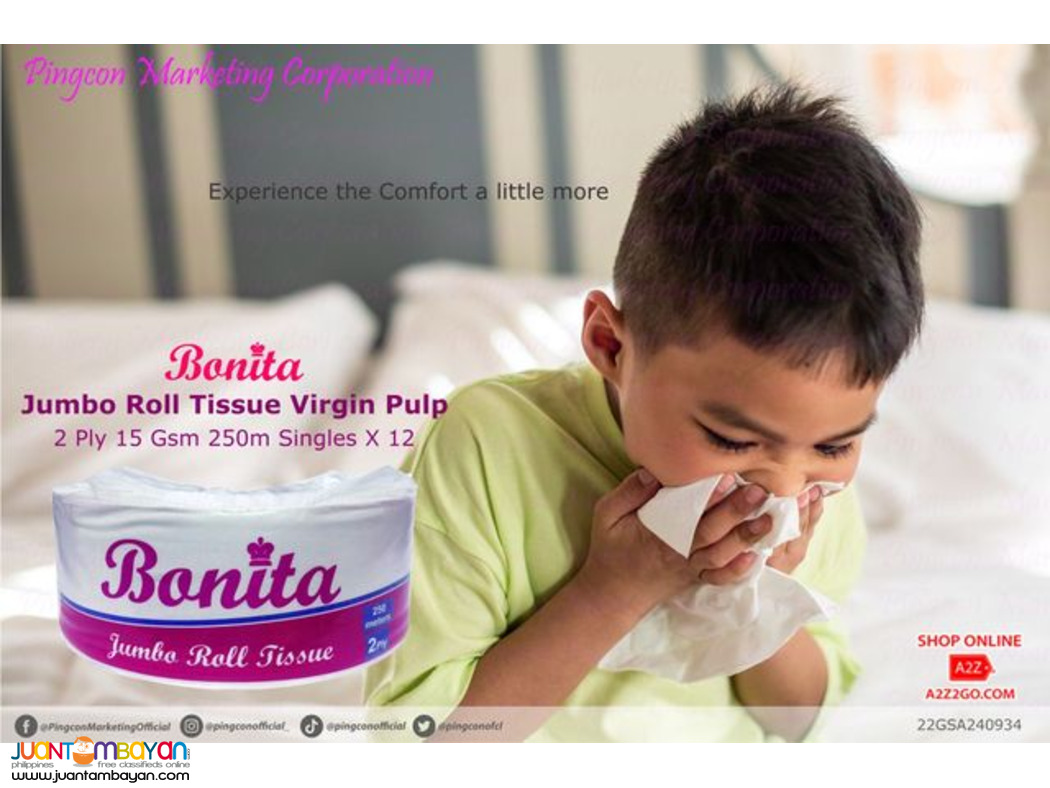 Bonita Jumbo Roll Tissue Virgin Pulp | 2 Ply 15gsm 250m Singles X12
