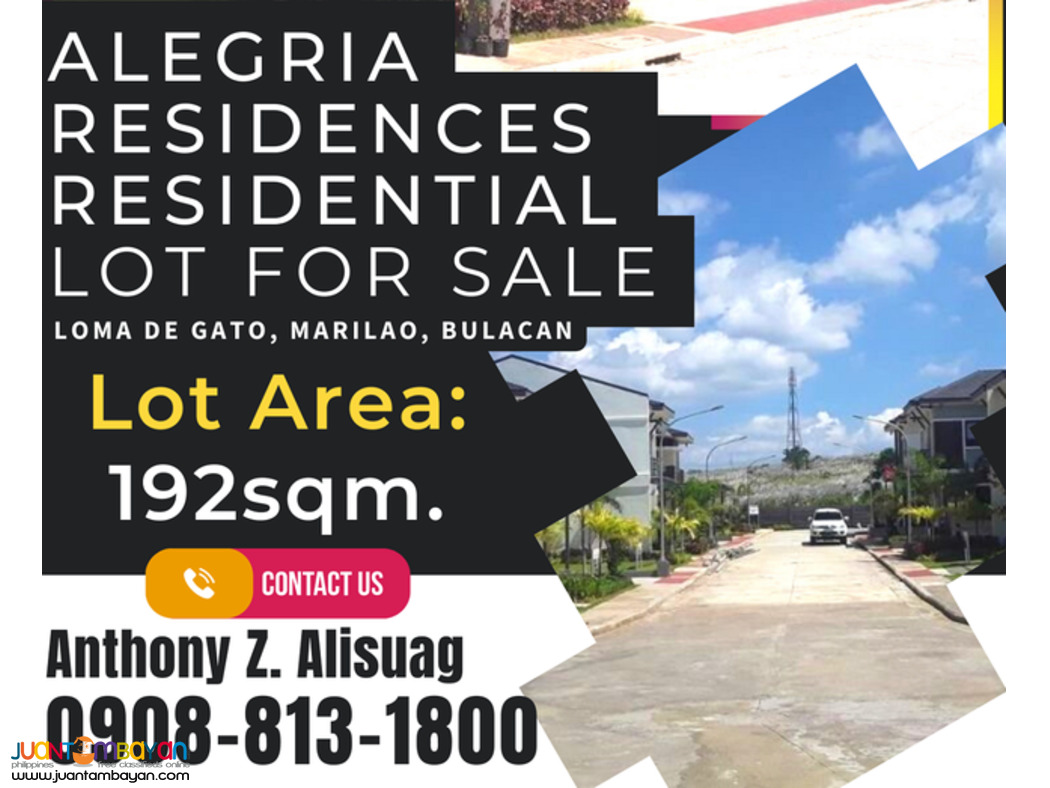 Vacant Lot Only 192sqm. in Marilao Bulacan Alegria Residences