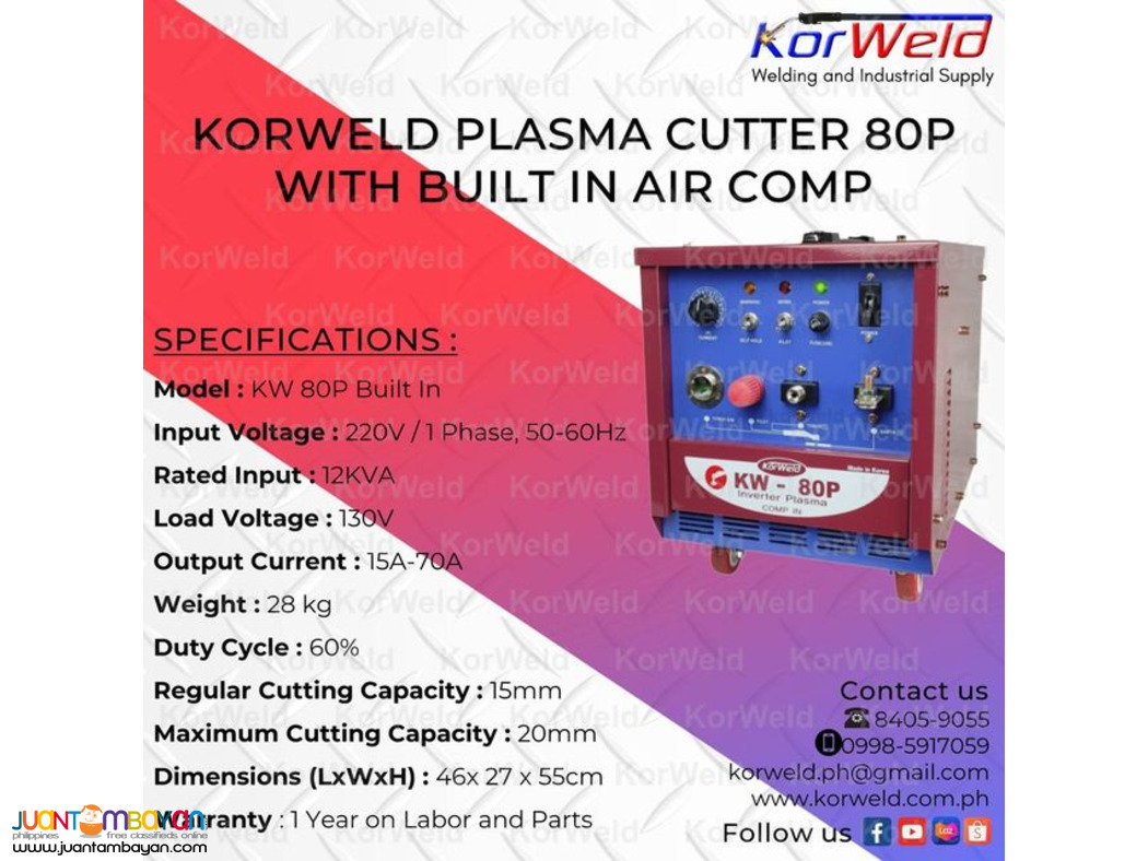 KORWELD PLASMA CUTTER 80P WITH BUILT IN AIR COMPRESSOR