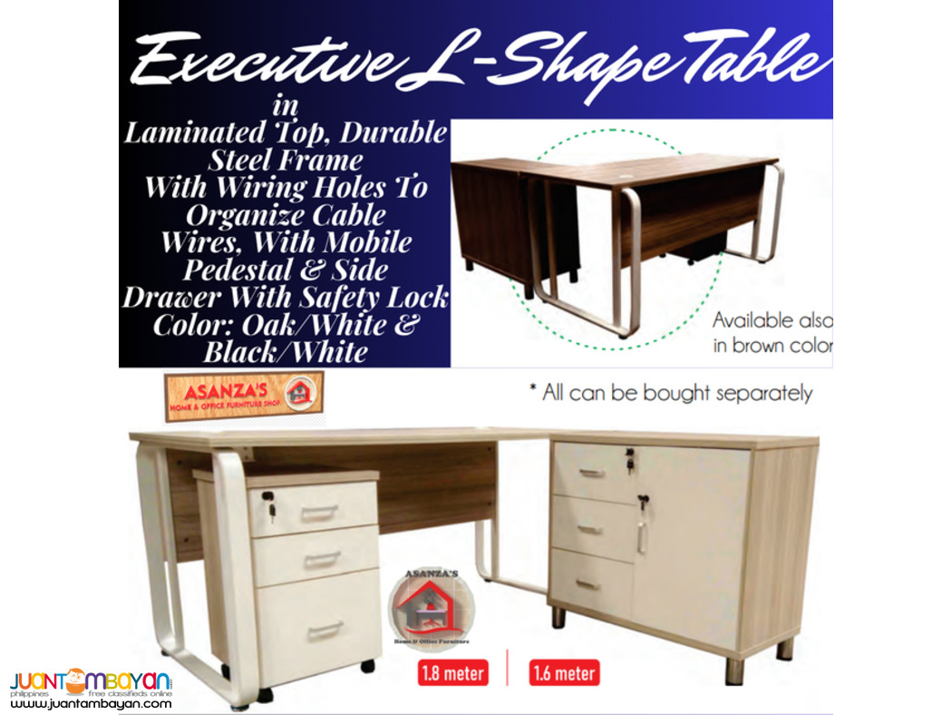 Executive L-Shape Table Color: Oak/White & Black/White