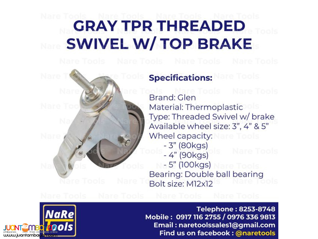 Gray TPR Threaded Swivel w/ Top Brake Caster Wheel