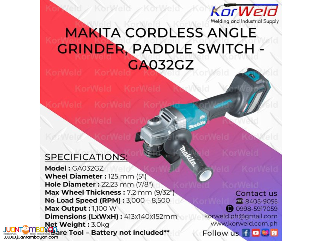 Makita Cordless Angle Grinder, Paddle Switch GA032GZ