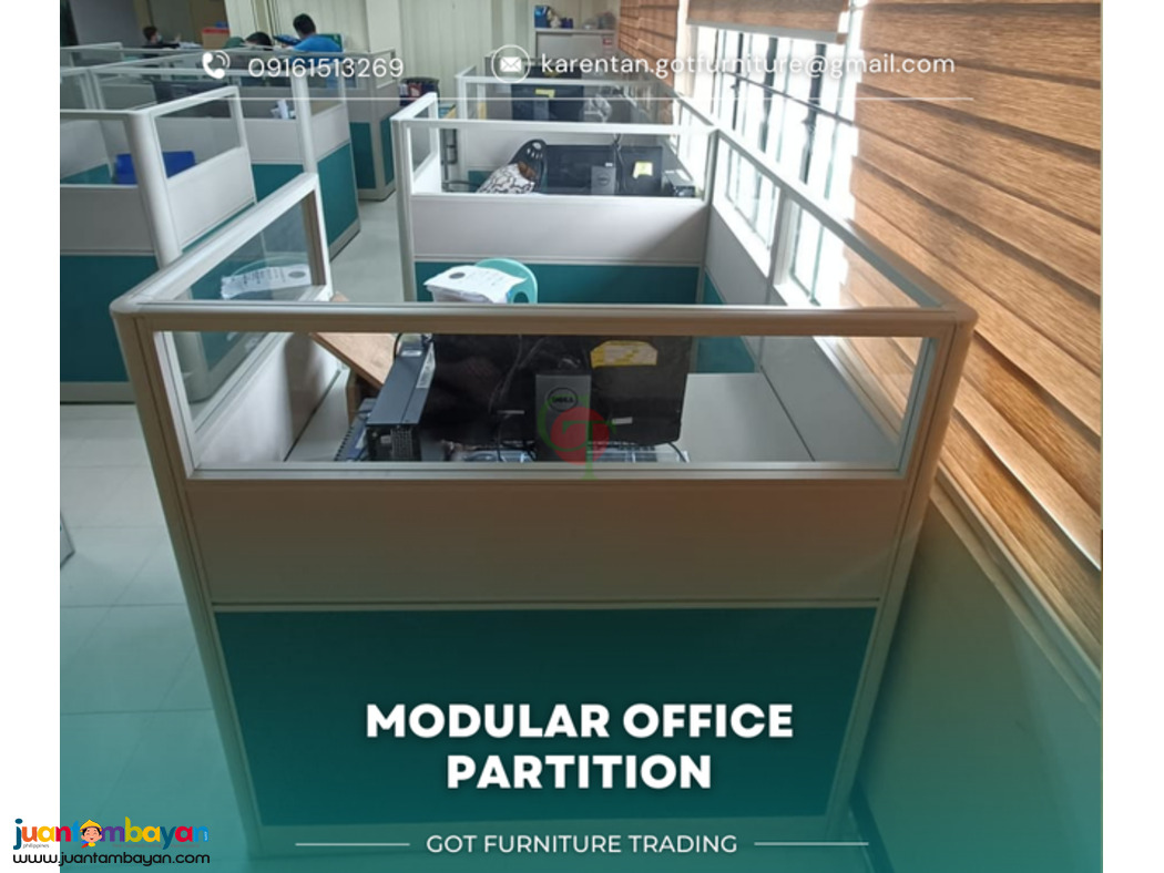 Office desk with Fabric Partition and glass top.