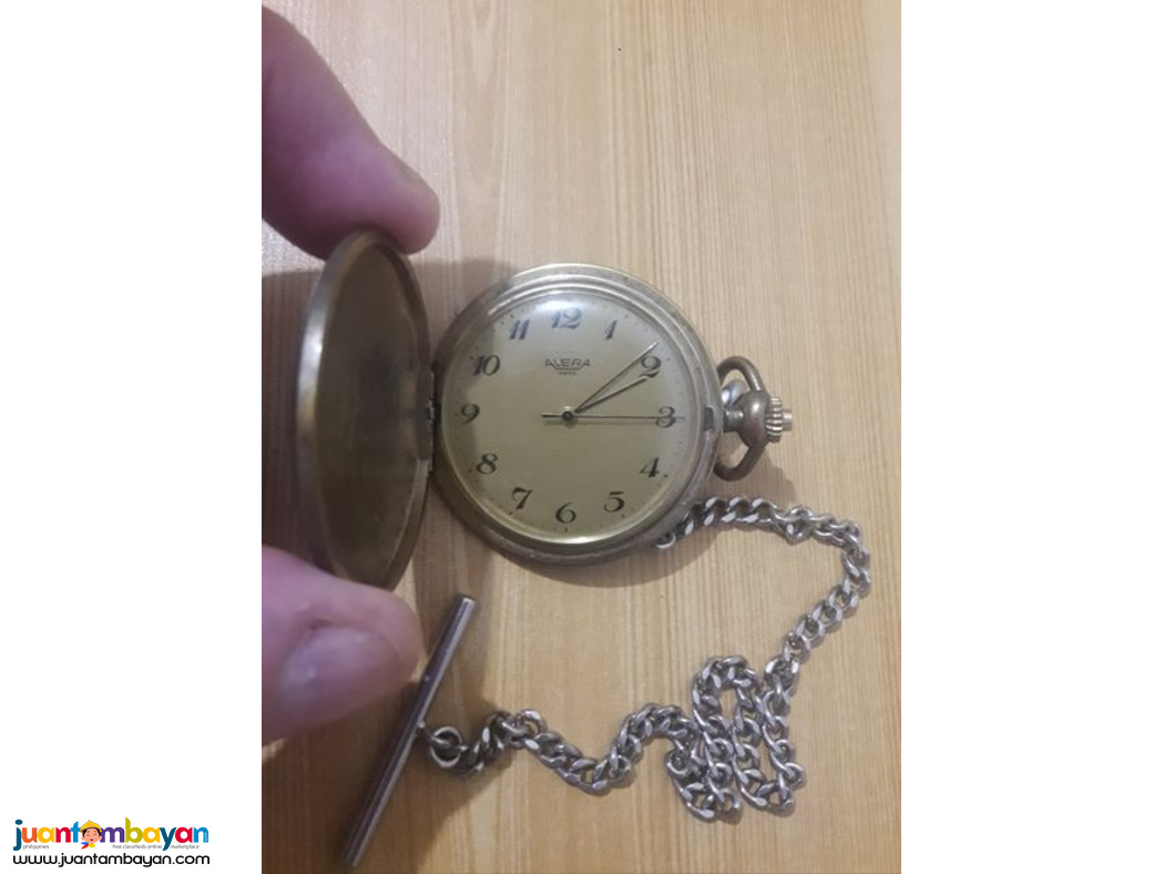Gold Antique Rare Alera Swiss pocket Watch With Silver Watch Chain.