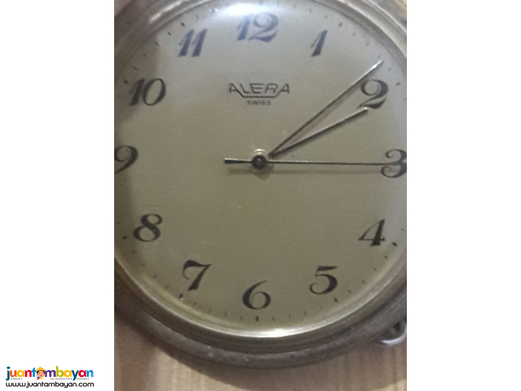 Gold Antique Rare Alera Swiss pocket Watch With Silver Watch Chain.