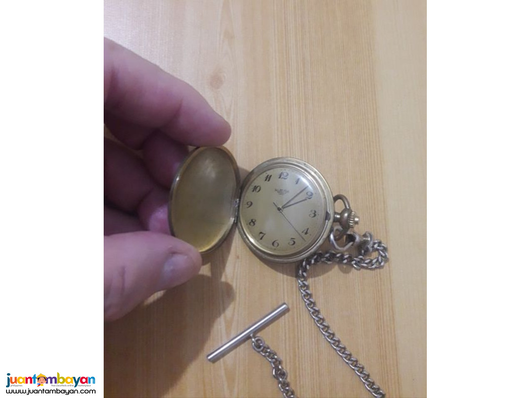 Gold Antique Rare Alera Swiss pocket Watch With Silver Watch Chain.