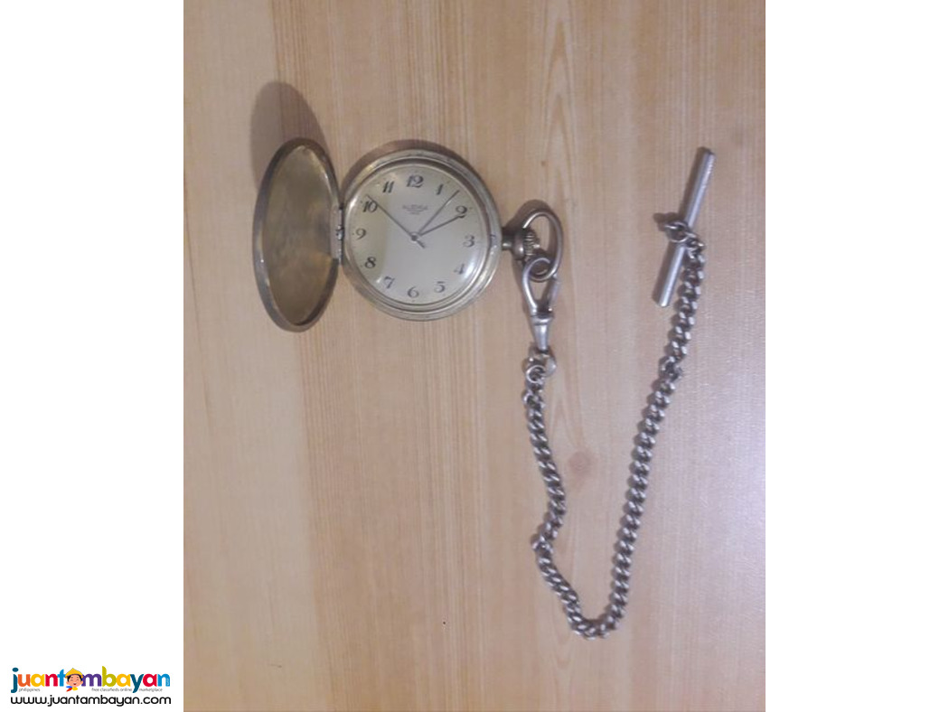 Gold Antique Rare Alera Swiss pocket Watch With Silver Watch Chain.