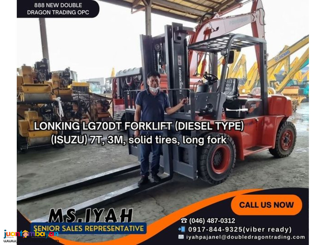 LONKING 7T FORKLIFT , 3M MAST, solid tires, long fork