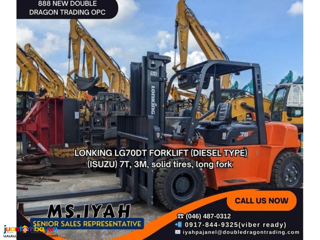 LONKING 7T FORKLIFT , 3M MAST, solid tires, long fork