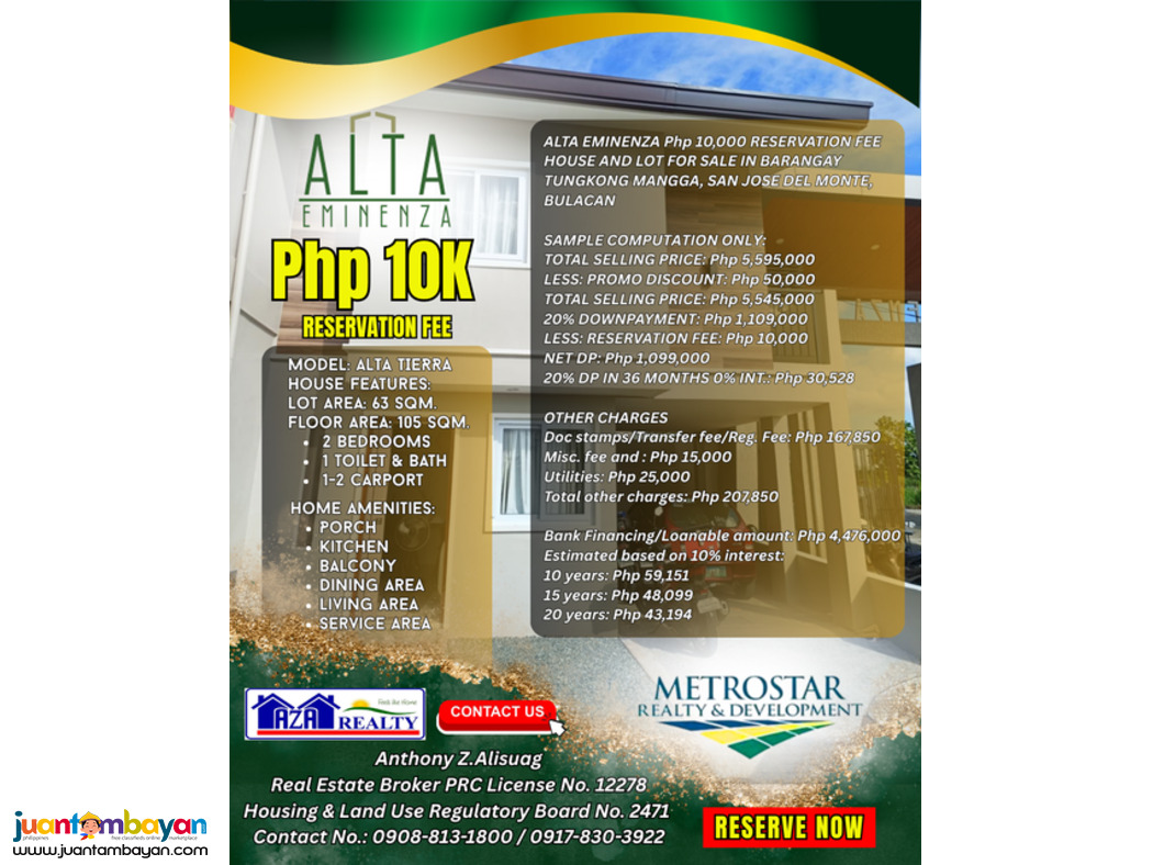 10K Reservation Fee Alta Tierra in Alta Eminenza SJDM Bulacan