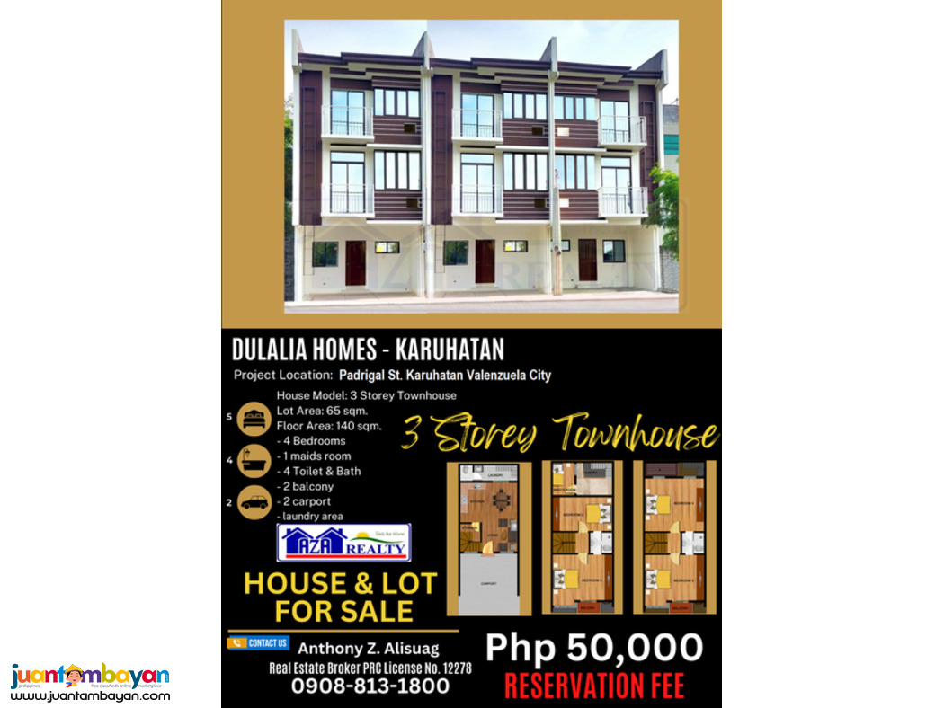 50K Reservation Fee 3 Storey Townhouse Dulalia Homes Karuhatan