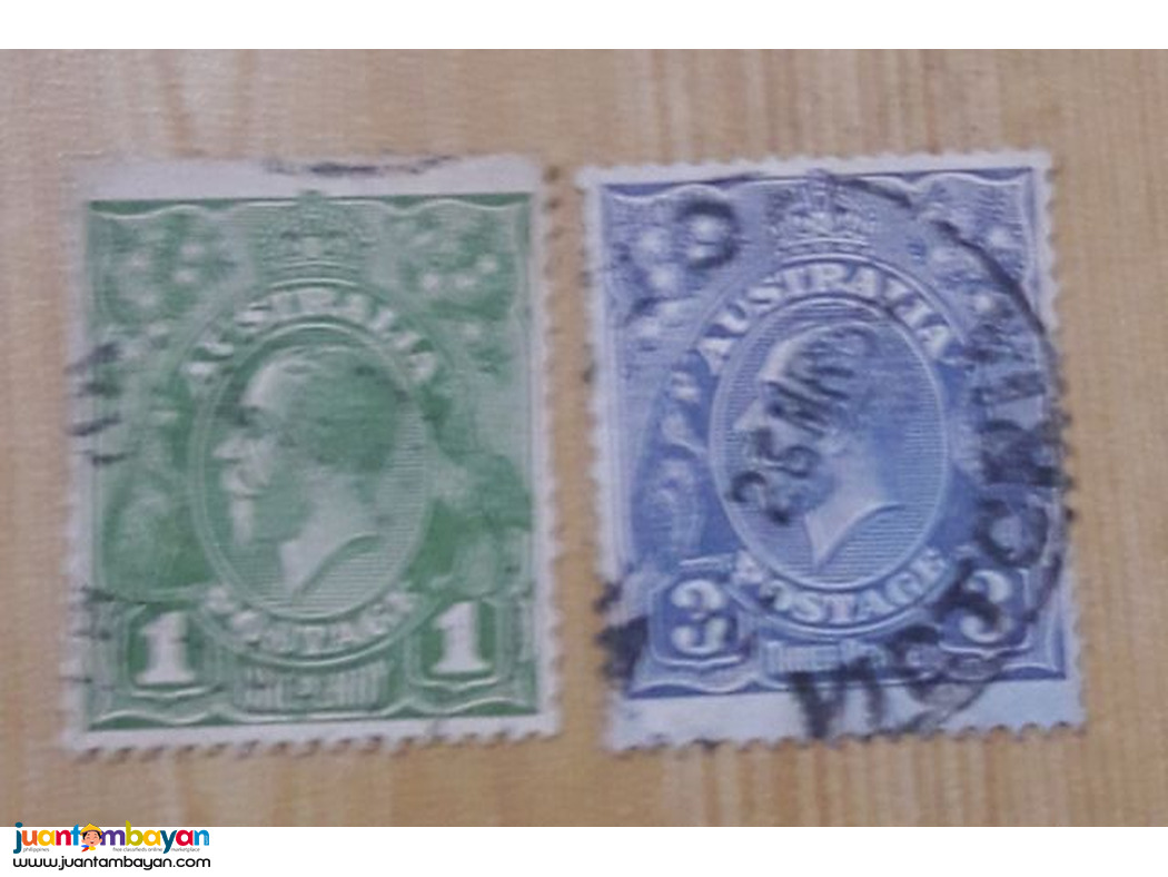 Australia King George V Stamps 1 Penny Green and 3 Pence Blue Used.