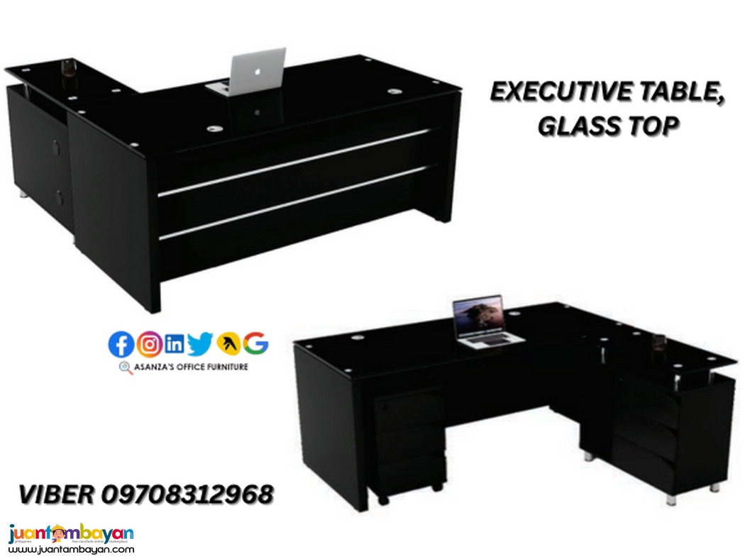 EXECUTIVE L TYPE GLASS TOP OFFICE TABLE