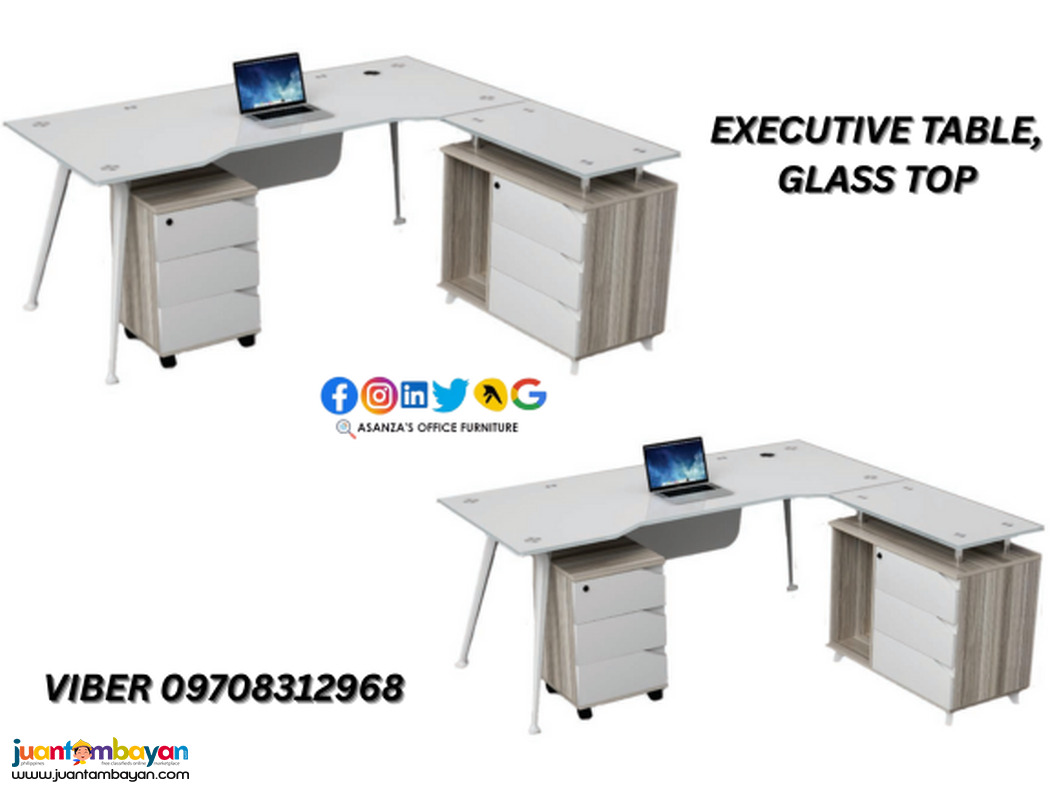 EXECUTIVE L TYPE GLASS TOP OFFICE TABLE