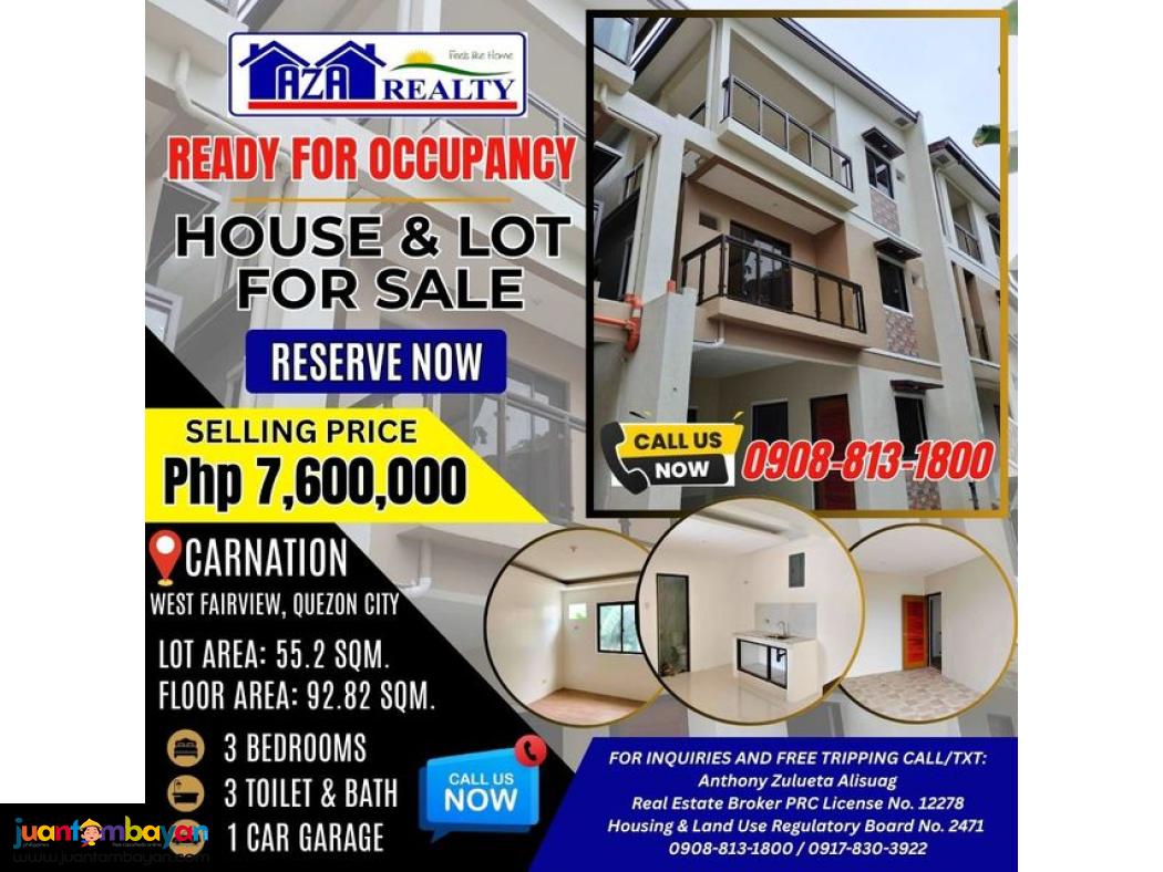 Carnation Residences 3BR 3 Storey House And Lot For Sale