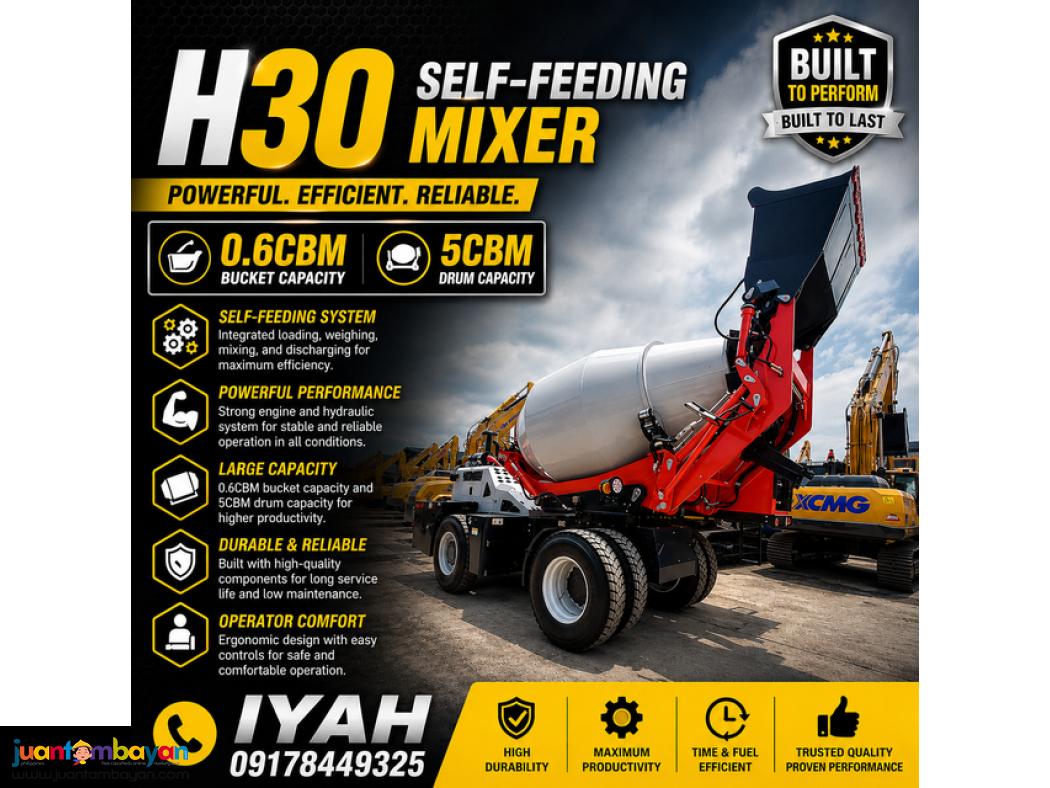 H30 SELF-FEEDING MIXER 0.6 CBM BUCKET CAP, 5CBM DRUM CAP.
