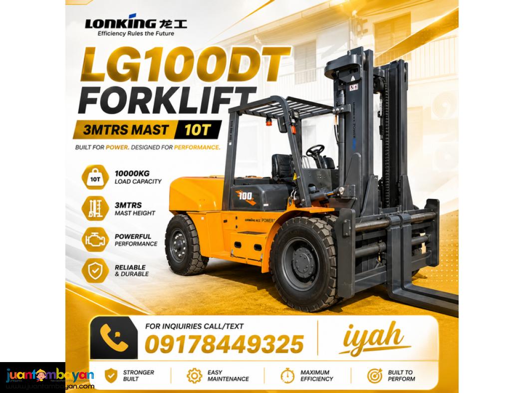 LONKING LG100DT STD FORKLIFT 3MTRSMAST, 10T