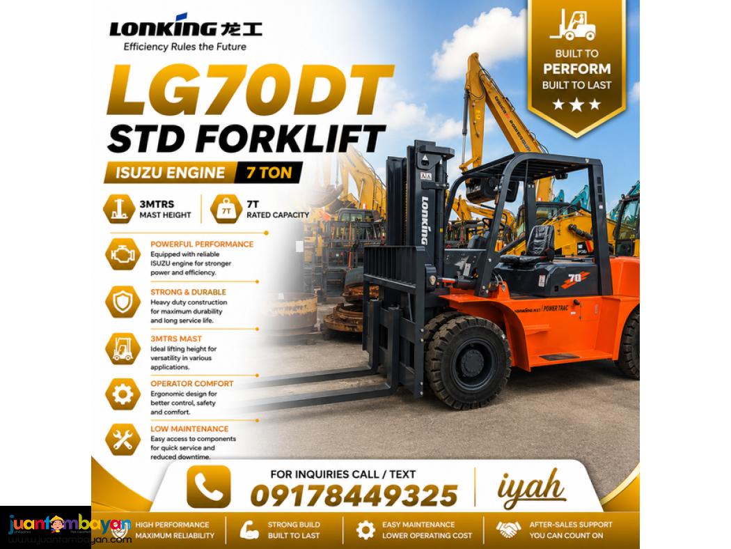 LONKING LG70DT STD FORKLIFT ISUZU... 7T 3MTRS MAST