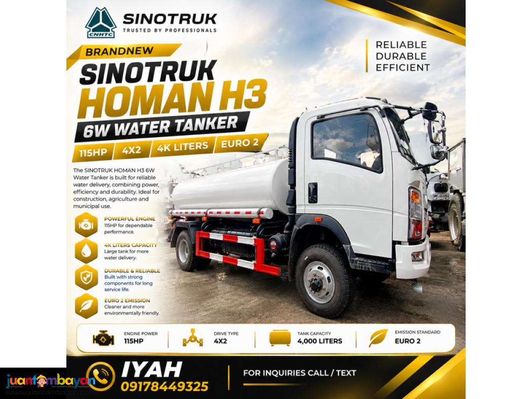 BRANDNEW SINOTRUK HOMAN H3 6W WATER TANKER 115HP 4X2 4K LITERS EURO 2