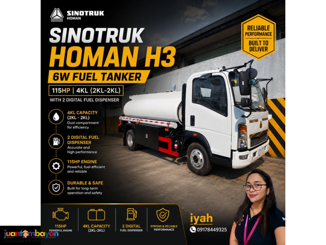SINOTRUK HOMAN H3 6W FUEL TANKER, 4KL , with 2 digital fuel dispenser