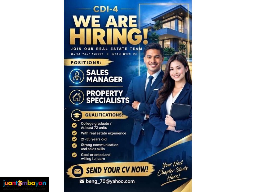 Hiring Sales Manager and agent for Real Estate Marketing Group
