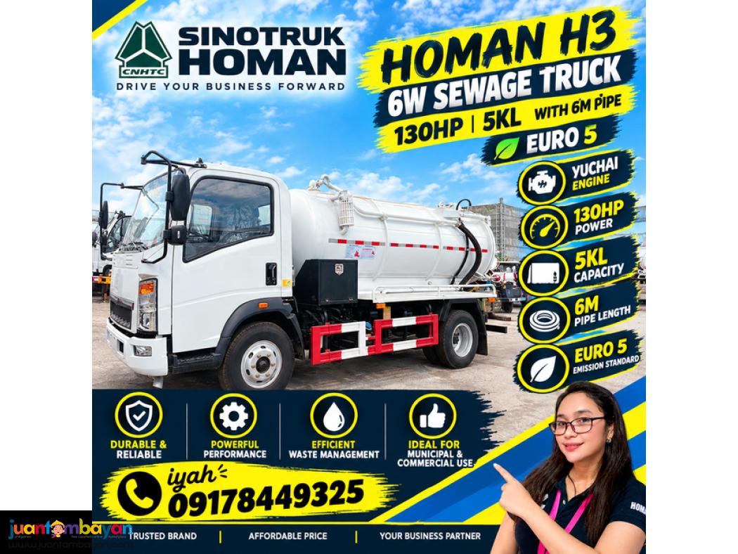 SINOTRUK HOMAN H3 6W SEWAGE TRUCK 130HP 5KL with 6M Pipe EURO 5