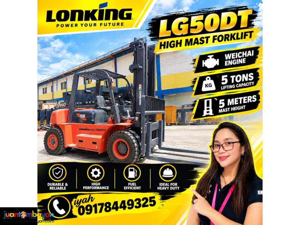 LONKING LG50DT HIGH MAST FORKLIFT WEICHAI ENGINE 5 TONS 5 METERS MAST